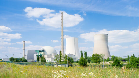 Blick auf ein Atomkraftwerk, davor eine Wiese und im Hintergrund blauer Himmel
