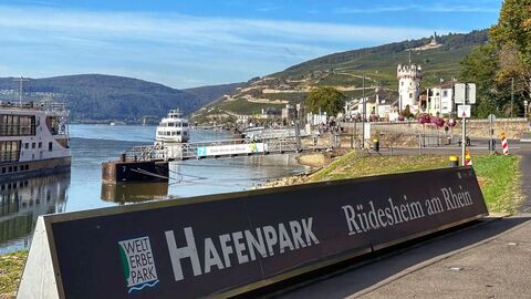 Blick auf den Rhein auf dem sich ein Schiff befindet. Im Vordergrund steht ein Schild aif dem "Hafenpark Rüdesheim am Rhein" steht