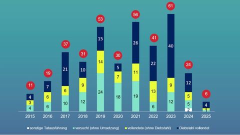 Die Gesamtzahlen steigen von 11 (2015) auf einen Höchstwert von 61 (2023) und sinken danach deutlich auf 6 (2025). Dargestellt sind Anteile für Diebstahl vollendet, vollendete Taten ohne Diebstahl, versuchte Taten sowie sonstige Tatausführung. Der größte Anteil entfällt meist auf vollendeten Diebstahl.